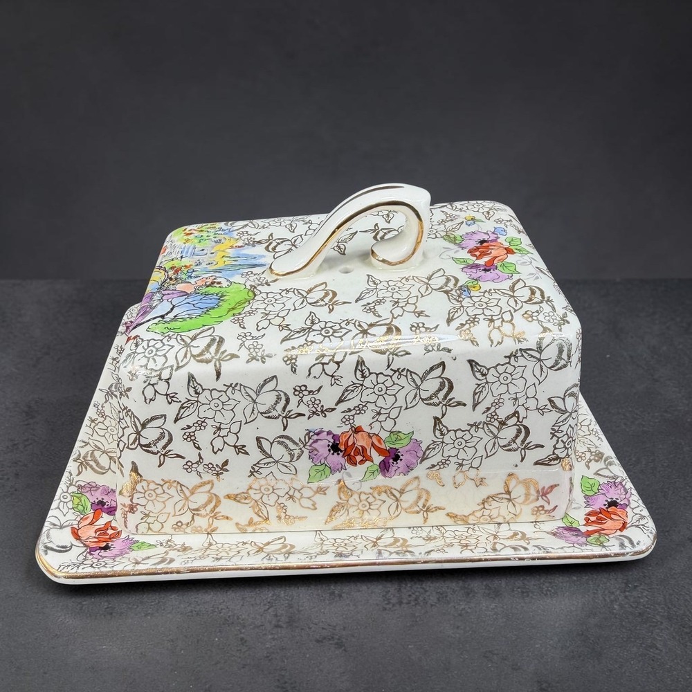Lord Nelson Ware Pompadour Chintz Butter Dish w Underplate England Floral Gold